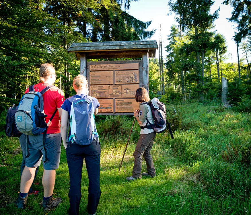 Wanderer informieren sich an einer Hinweistafel des Nationalparks Bayerischer Wald. Wandern im Nationalpark