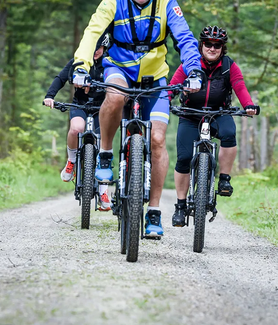 Mountainbiker genießen die Natur auf einem Waldweg in der Ferienregion Nationalpark Bayerischer Wald Auf einem Waldweg im radeln drei Personen, mit Fahrradkleidung auf markierten Radwegen durch den Nationalpark Bayerischer Wald.