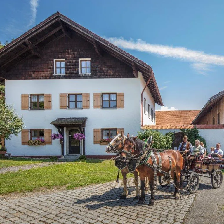 Traditionelles Bauernhaus mit Pferdewagen vor dem Ferienhof in Eppenschlag Pferdekutschfahrt Familie Schmid Eppenschlag