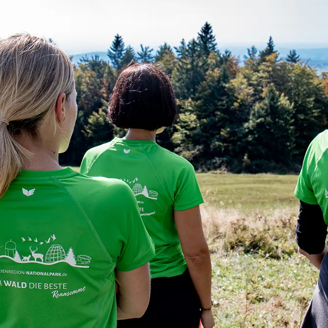 Drei Mitarbeiterinnen des FNBW-Teams im einheitlichen grünen Firmen-Shirt Drei Frauen in grellgrünen FNBW-T-Shirts stehen erhaben auf einer Wiese am Almberg und blicken auf die sich ihnen eröffnende weite Aussicht ins Vorland.