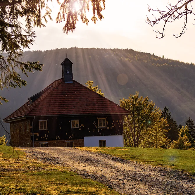 Paul-Friedl-Haus in der goldenen Abendsonne Paul-Friedl-Haus im Freilichtmuseum Finsterau