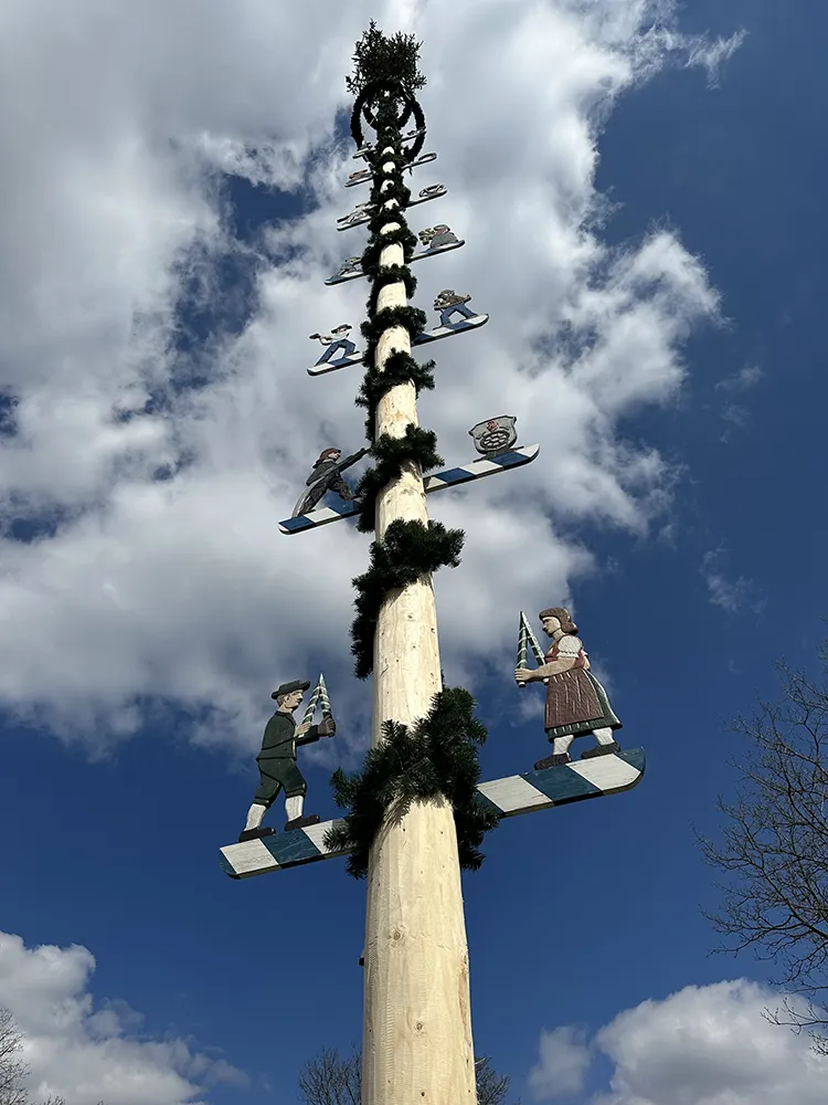 Hoch aufragender Maibaum unter weiß blauem Himmel Maibaumaufstellen
