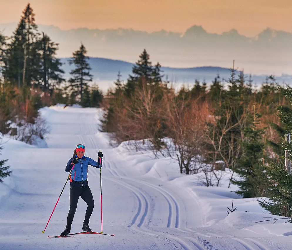 Sportler auf der verschneiten Langlaufstrecke am Bretterschachten Langläuferin am Bretterschachten