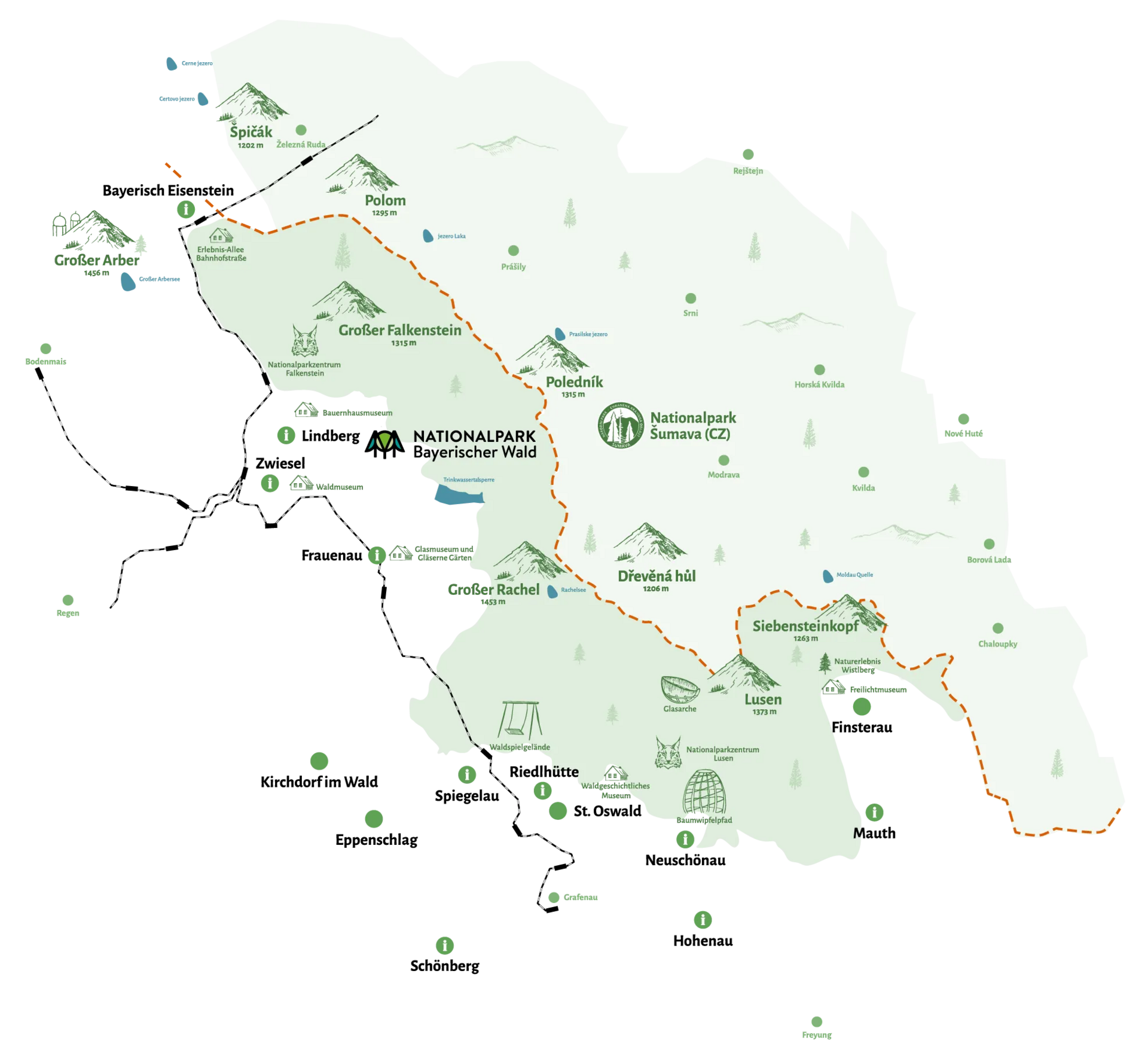 Uebersichtskarte Sommer der FNBW Eine detaillierte Karte des Nationalparks Bayerischer Wald mit markierten Wanderwegen und wichtigen Punkten der Umgebung.
