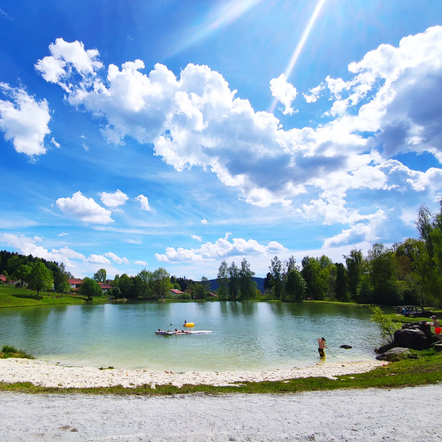 Ein ruhiger Badesee in Neuschönau, umgeben von blühenden Bäumen, unter einem strahlend blauen Himmel mit weißen Wolken.