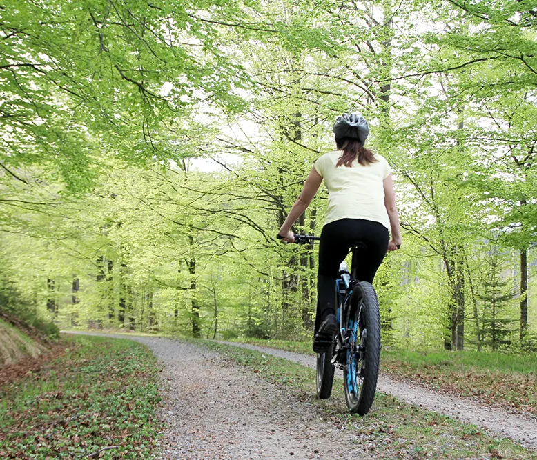 Entspannte Radtour durch grünen Laubwald Radfahrerin im Bayerischen Wald