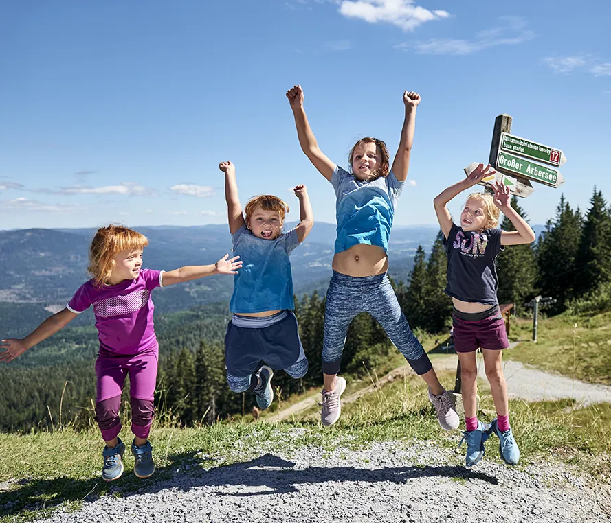 An einem herrlichen Sonnentag hüpfen vier Kinder voller Lebensfreude, während man dahinter die atemberaubende Aussicht auf die Berglandschaft erhaschen kann.