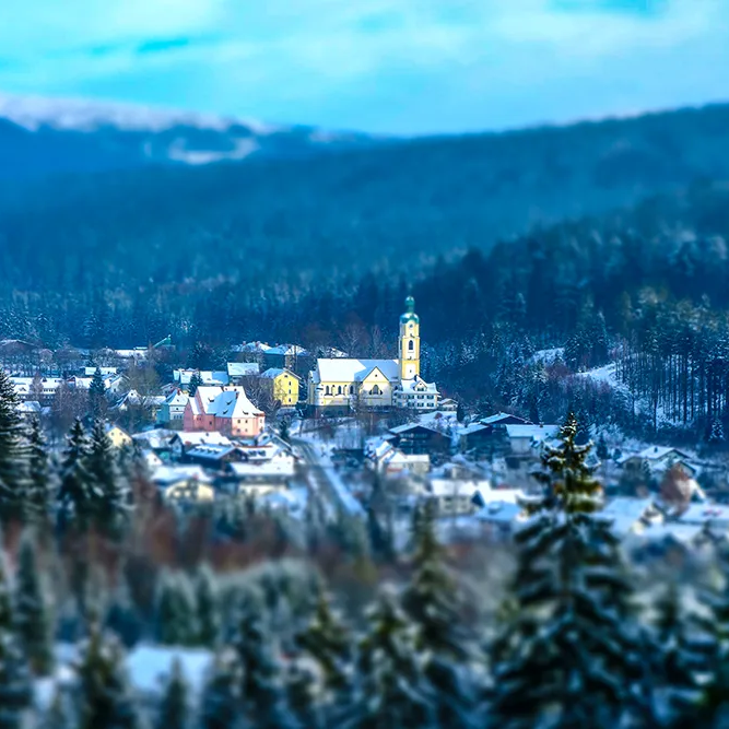 Winterliches Bayerisch Eisenstein, das von hohen Fichtenwäldern umgeben ist, mit der Kirche im Mittelpunkt.