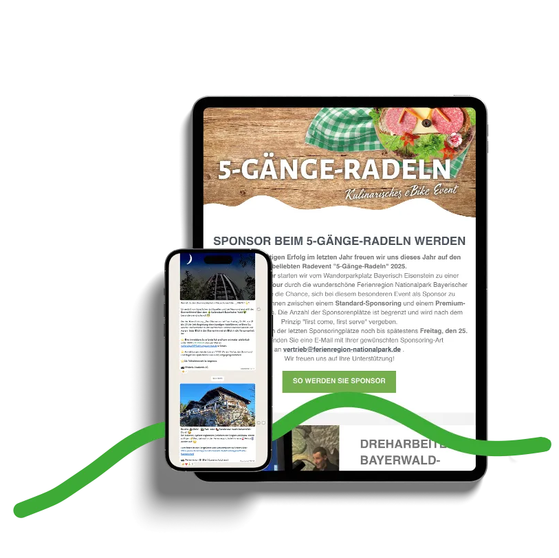Werbebild für das 5-Gänge-Radeln: Kulinarisches Erlebnis im Bayerischen Wald Auf einem Tablet und einem Smartphone werden Details angezeigt zu Ferienregions-Highlights, zur Bewerbung des Newsletters.