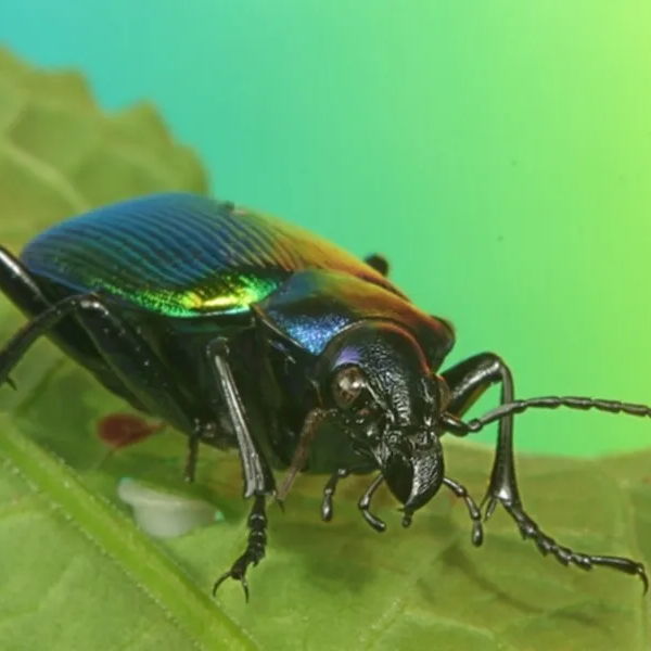 Nahaufnahme des schillernden Käfers Scarabaeus auf einem grünen Blatt Scarabäus