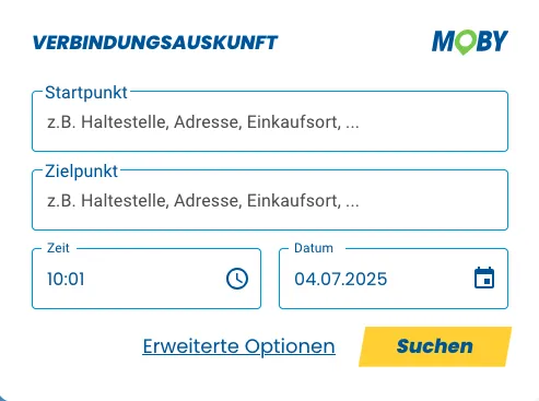 Eingabemaske der Anwendung Mobi zur Fahrplanauskunft mit Verlinkung Suchmaskenbild der App Moby