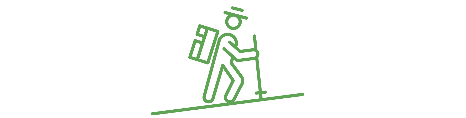 Eine stilisierte Figur grün eines Wanderers mit Rucksack, in der Farbe, die einen leicht steigenden Hang hinaufgeht, symbolisiert Abenteuer und Natur.