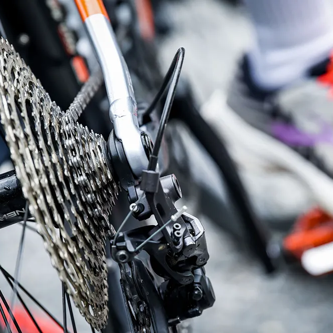 Ein naher Blick auf das Hinterrad eines Fahrrads mit einem detaillierten Kettenblatt und einem Fuß auf dem Pedal.