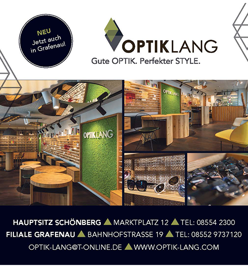 Mehrere Bilder des Betriebs OPTIK Lang Schönberg und Grafenau sowie das Logo und Kontaktdaten