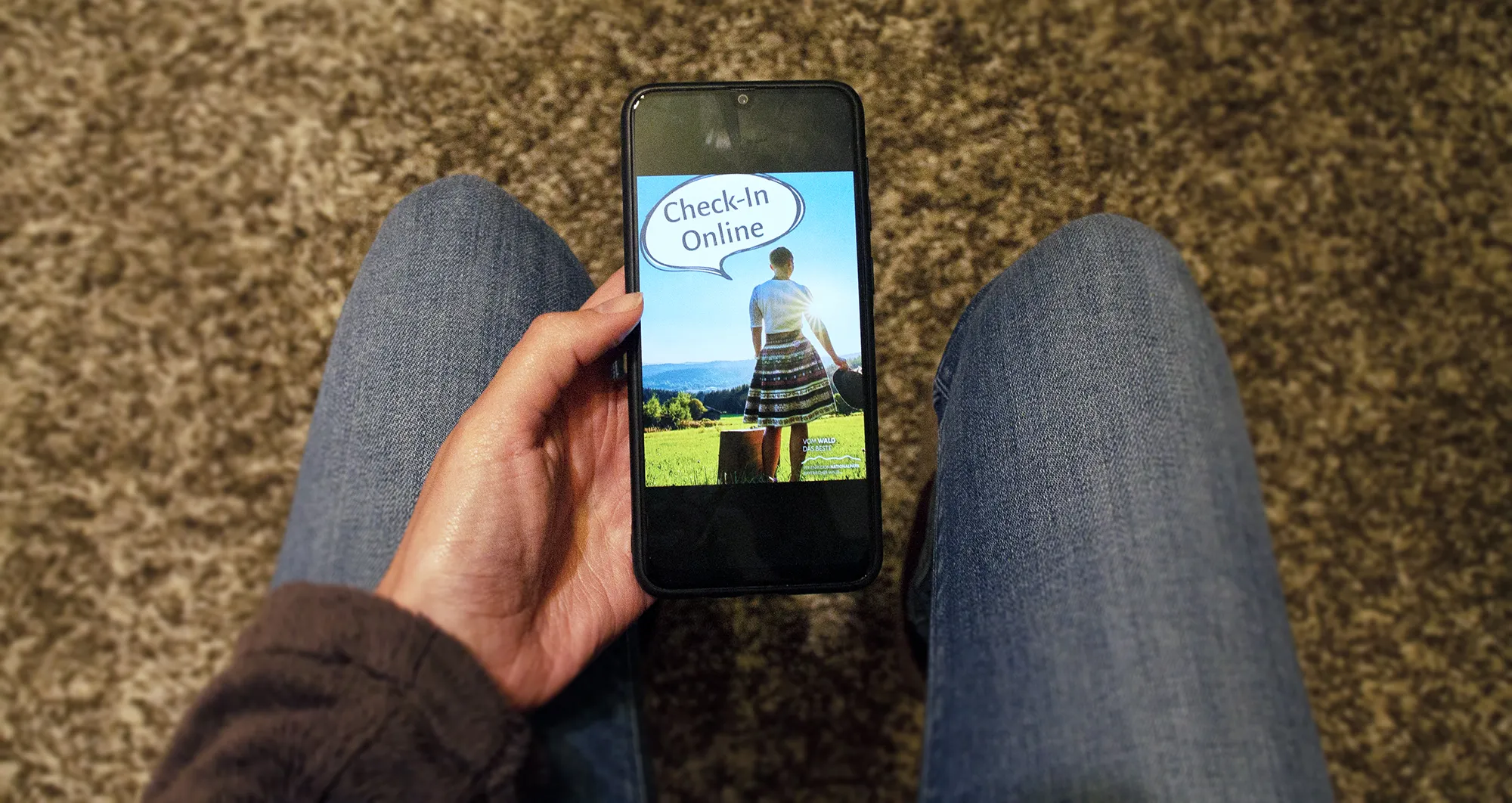 Bildschirm eines Handys mit Infos zum Pre-Checkin vor Reiseantritt Frau hält Handy in der Hand