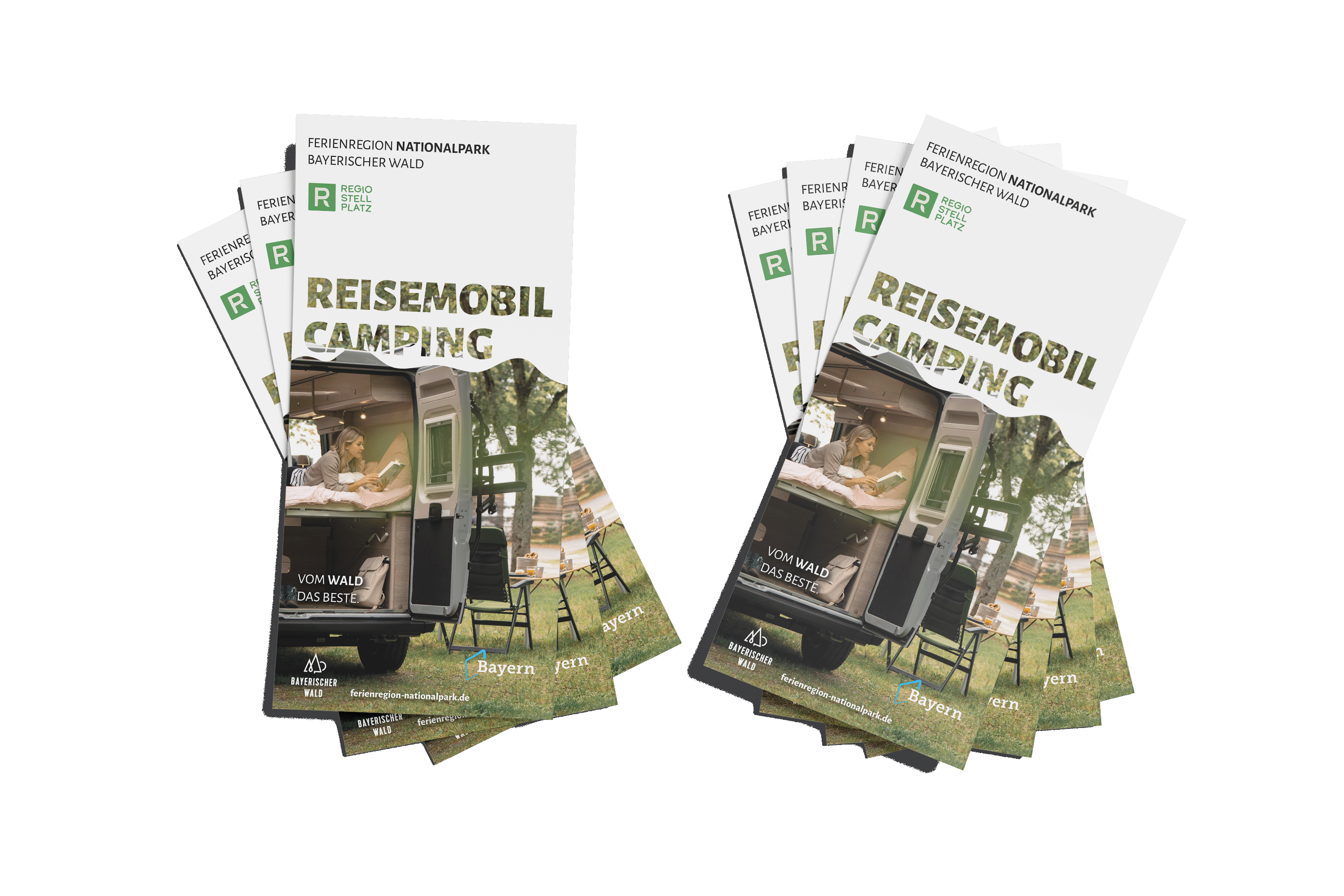 Mockup vom Campingflyer der Ferienregion, darauf zu sehen eine weibliche Person die in einem Camper liegt und ein Buch liest