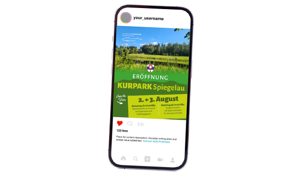 Beispiel für einen Social Media Beitrag der Kurpark Eröffnung in Spiegelau auf einem Handy Bildschirm dargestellt